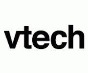 V tech logo in white text on a blue rectangular background with a transparent checkerboard pattern behind it.