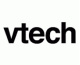 V tech logo in white text on a blue rectangular background with a transparent checkerboard pattern behind it.