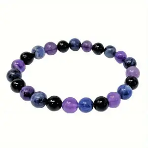 Beaded bracelet with purple, black, and blue beads on a white background